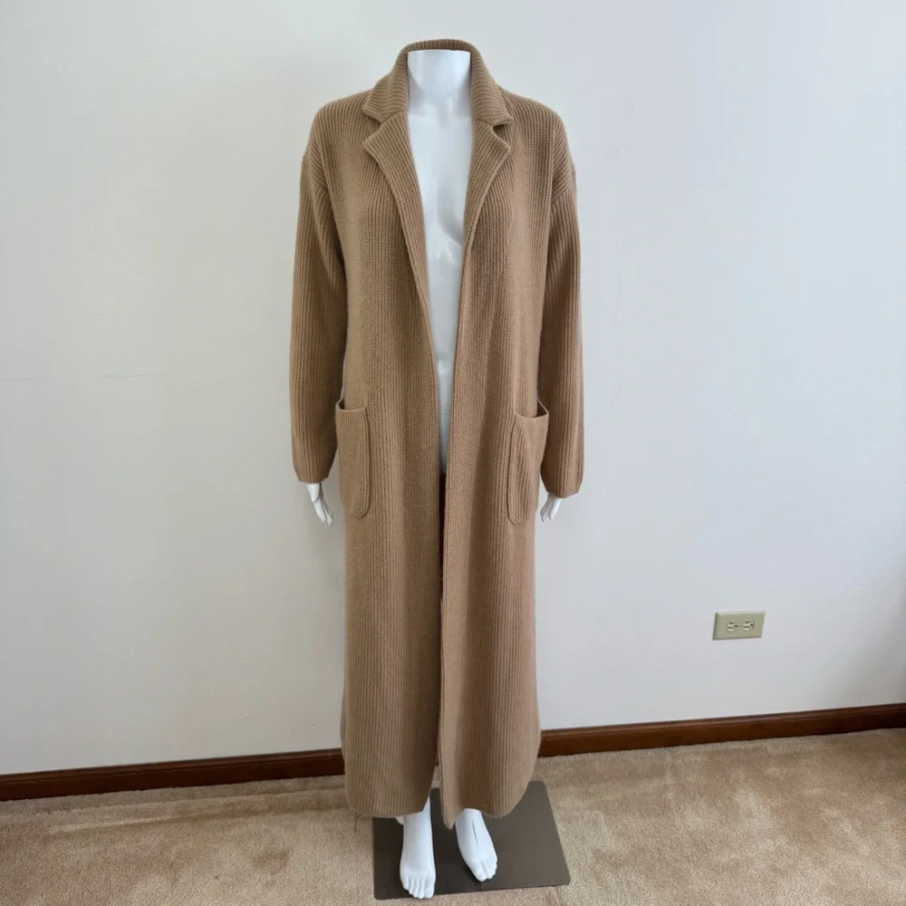 Nordstrom Cashmere Wool Long Ribbed Pockets Camel Tan Brown Cardigan Duster Sz S